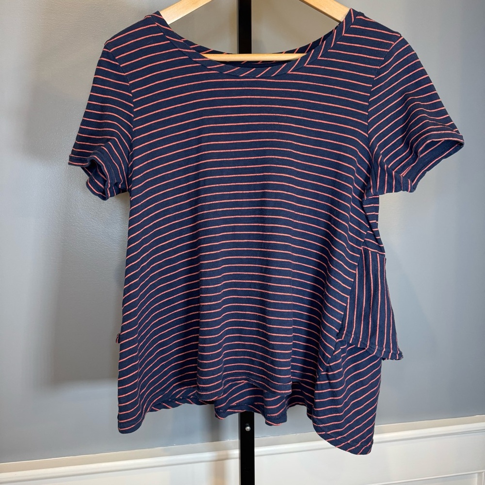 Anthropologie Maeve Navy Coral Striped Peplum Top Short Sleeve Size S‎